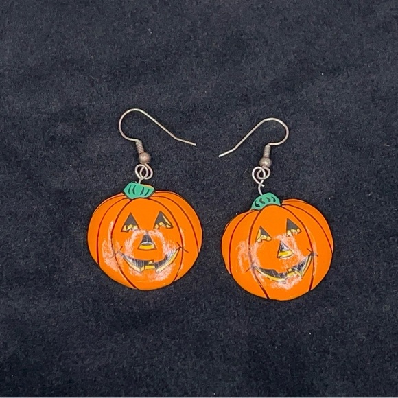 Vintage 90’s Halloween Earrings Jackolantern Wooden Painted Orange Goth Fun - Picture 9 of 10